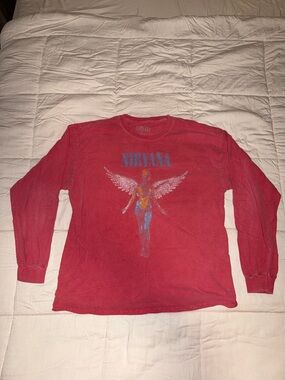 Vintage NIRVANA Red Long Sleeve Tee with Blue Logo and Multicolor Angel